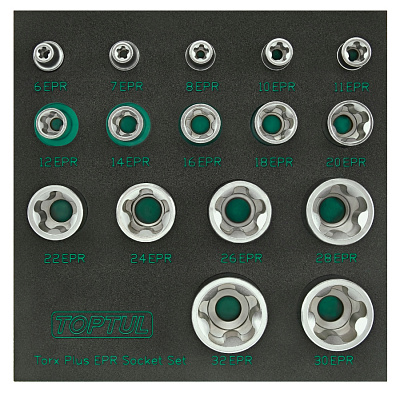 Набор торцевых головок TORX Plus EPR 1/4",3/8",1/2" 5-ти лучевые, 6EPR-32EPR, 16 пр. на ложементе TOPTUL GABF1601